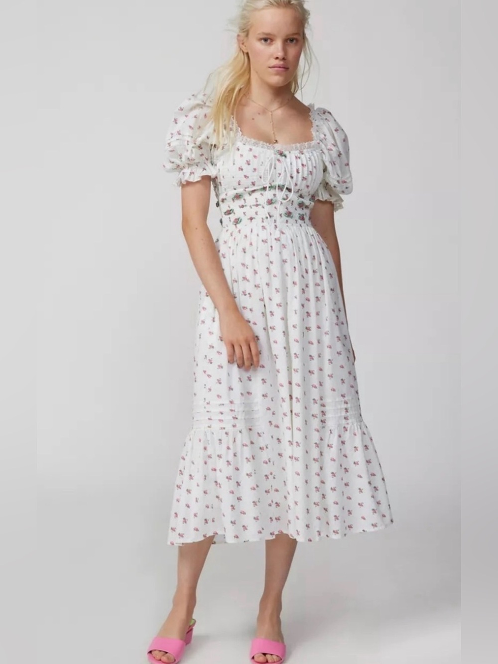For Love & Lemons Guisti Pink White Floral Puff-Sleeve Midi Dress Rose Bud R9